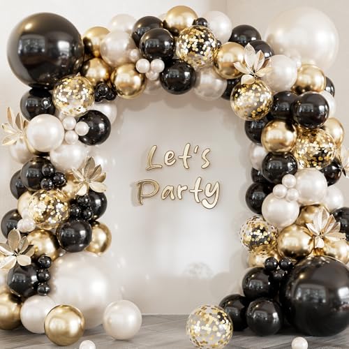 Adeyoo Black Gold White Balloon Arch Garland Kit - Double Stuffed Pearl White Balloons with Black Gold & Confetti Balloons for Wedding Bridal Shower Birthday Graduation Party Decorations