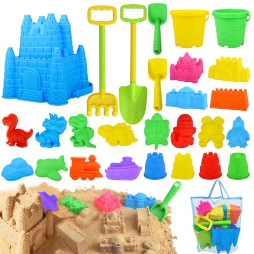 Beach Toys Sandbox Toys 28Pcs Kids Sand Play Set Giant Castle Dinosaur & Animal Molds with Collapsible Buckets Shovels & Rakes Soft Plastic Summer Outdoor Travel Toys for Toddlers Boys Girls