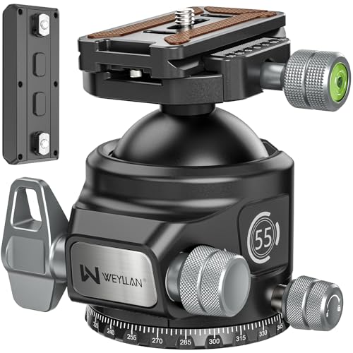 Tripod Ball Head with Knob Clamp 55mm Heavy Duty Ball Head with Mlok Rail Arca Swiss Quick Release Plate, WEYLLAN KH55 Low Profile Camera Tripod Head Mount for Hunting Photography Max Load 88lbs/40kg