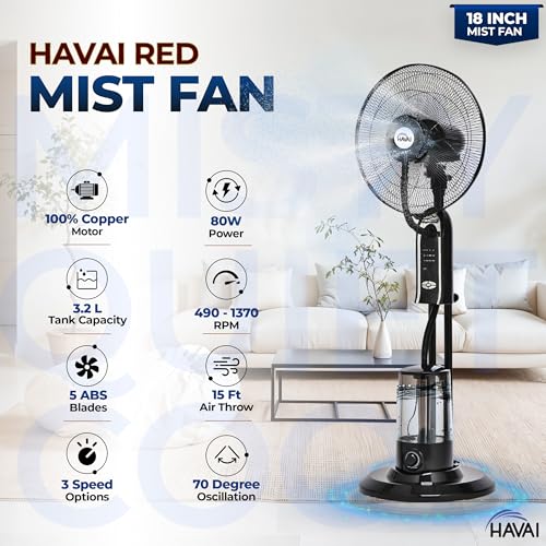 Image of RED 18 inch Mist Pedestal Fan | High-Speed, Remote & Touch Control, 3.2L Tank, 80W Power, 350 Sq Ft Coverage, Easy Install, Black, 18 Inches