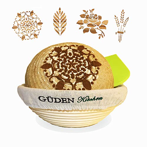 Güden Artisan Bread Kit (Bread Stencils Included!): 10 inch Banneton Round Blotform Proofing Natural Rattan Basket, Bowl Scraper, Linen Liner, and 4 European Bread Stencils
