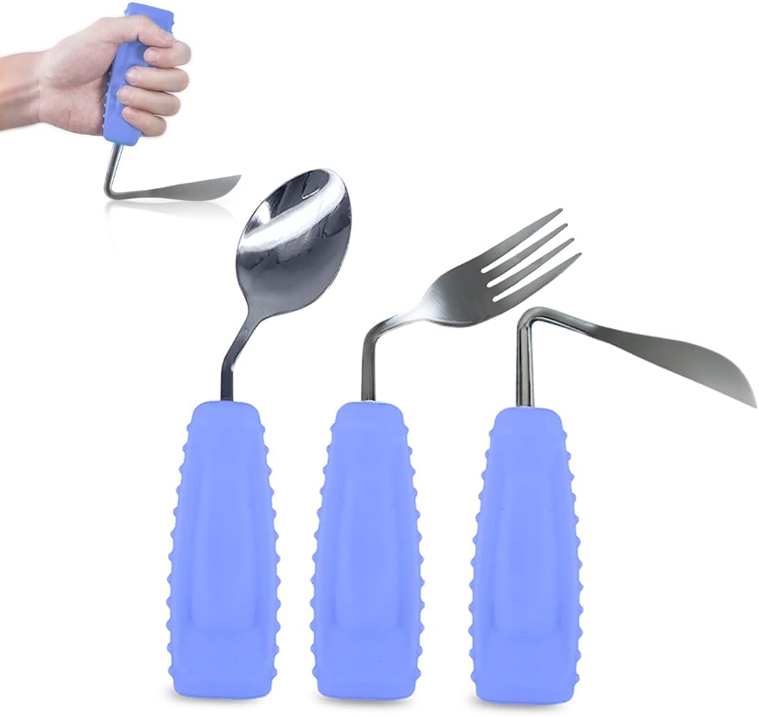 Adaptive Utensils Angled Spoon and Fork for Hand Tremors Parkinsons,Weighted Utensils with Non-Slip Easy Grip Handles for Independent Eating (1pcs Knife+1pcs Fork+1 pcs Spoon,Purple,Left Hand)