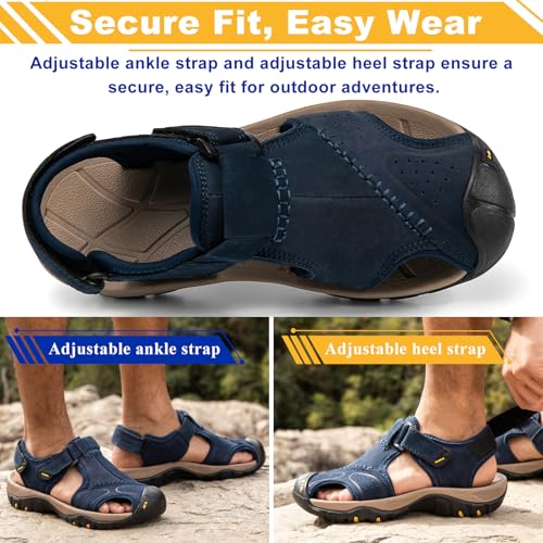 Image of Men's Sport Sandals Closed Toe Leather Hiking Athletic Walking Outdoor Beach Trail River Fishing Water Shoes Lightweight Comfortable Waterproof