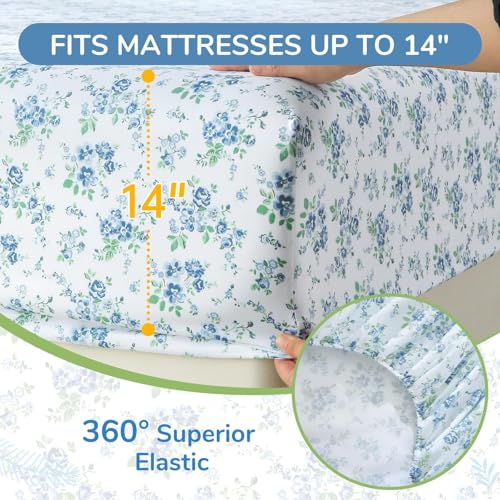 Image of MUXHOMO Full Size 4 Piece Sheet Set, Soft Breathable Bed Sheet Set for Bedroom with Deep Pocket Up to 16 inch, Wrinkle-Free & Cooling Bedding for Oeko-TEX Certified - Blossoms Light Blue