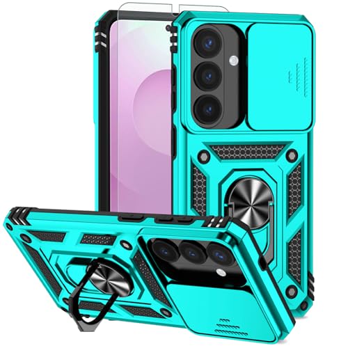 For Samsung Galaxy S26 Plus Case, Rubber Bumper Hard Plastic Phone Case with [Sliding Camera Lens Cover] [360° Rotatable Kickstand Ring] [HD Screen Protector] for Samsung Galaxy S26+ Plus Green