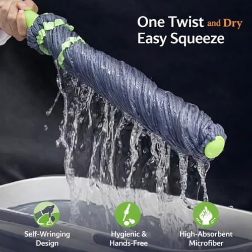 Image of Microfiber Twist Mop with Self Wringing Squeeze - Grey | Telescopic Extendable Long Handle | 360 Rotating Floor Mop for Wet & Dry Cleaning | Ideal for Tiles, Marble & Wooden Floors