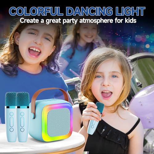 Image of Mini Karaoke Machine for Kids & Adults, Portable Bluetooth Speaker with 2 Wireless Microphones, Magic Voice Effects, Colorful Light Show, Blue, Fun & Portable