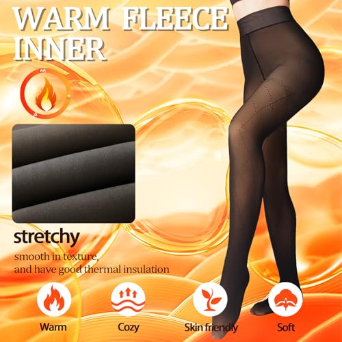 Image of X-CHENG 2 Pairs Women Fleece Lined Tights-Fishnets Patterned High Waist Thermal Pantyhose Fake Translucent Sheer Thick Warm Tights For Women