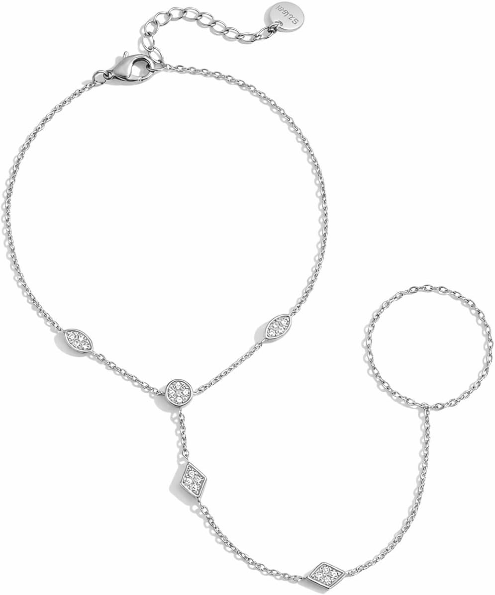 Mchic Hand Chain Tennis Bracelets for Women Trendy: Dainty Diamond Beaded Bracelet 14K Gold Plated/Silver Finger Ring Bracelet Hand Chain Jewelry Adjustable Sparkly Prom Bracelets