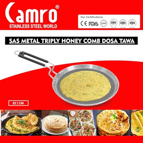 Image of Tawa for Roti and Dosa | Triply Honeycomb Tawa 32cm | Induction Base Dosa Tava Non Stick | Perma-Cool Handles | Base & Induction Compatible | Metal Spoon Friendly | Sturdy Handles