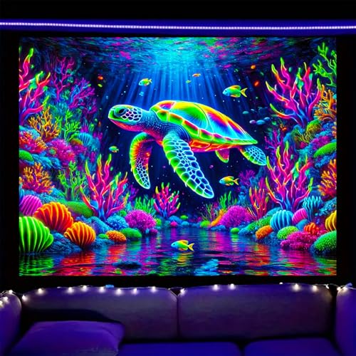 Image of Nuxovilar Neon Sea Turtle Wall Tapestry Polyester 78.74x59.05 In | Glow Poster Trippy Wall Art Marine Decor UV Backdrop Bedroom Lounge Themed Nook Room (Sea Turtle Coral Reef)