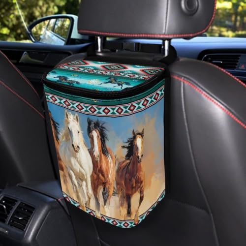 Image of Talayituse Horse Aztec Tribe Print Car Trash Can with Lid, Leak Proof Auto Trash Bag Hanging Vehicle Garbage Can Multipurpose Storage Container for Back Seat Road Trip