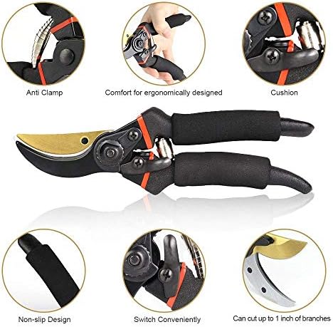 SEEYC Professional 8 inches Premium Titanium Bypass Pruning Shears, Premium Utility Garden Clippers Scissors Sponge Handle Protector,Tree Trimmers Secateurs Hand Pruners