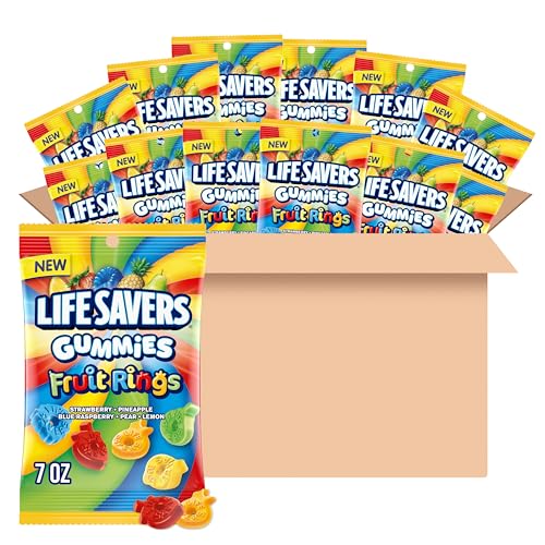 LIFE SAVERS GUMMIES Fruit Rings Strawberry, Pineapple Blue Raspberry, Pear and Lemon Gummy Candy, 7 Oz Bags (Pack of 12)