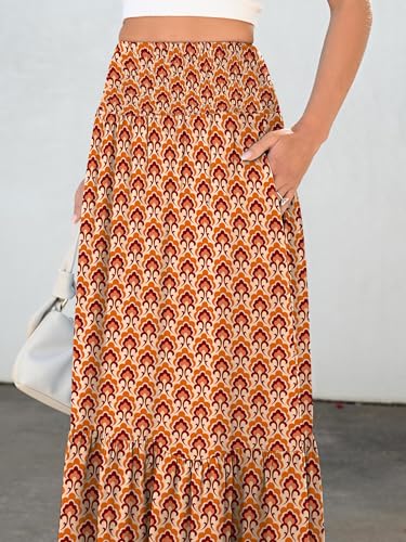 ANRABESS Maxi Skirts for Women 2026 Summer Boho Long Flowy Floral Elastic High Waist Skirt Casual Travel Skirt with Pockets Orange Medium