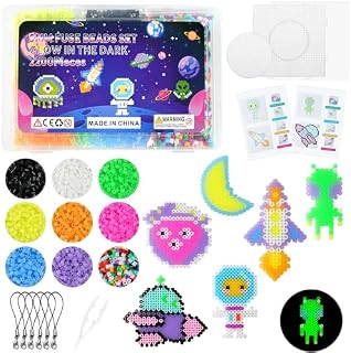 AUAUY Fuse Beads Kit, 4200pcs Glow-in-The-Dark Regular Mix 5mm Iron Beads Set for Kids, Bead Melting Craft Kit with Box, 2 Pegboards, 2 Pattern Cards, Tweezers, Ironing Paper and 6 Keyring