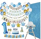ReignDrop Baby Boy 1st Birthday Decorations Set – First Birthday Party Supplies - Happy Birthday,12 Month Photo, I am One Banner - High Chair Decoration – With Poms, Balloons, Backdrops, Hat and more (Boy Set)
