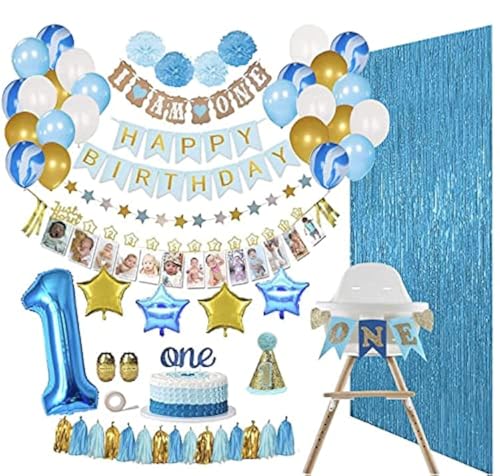 ReignDrop Baby Boy 1st Birthday Decorations Set – First Birthday Party Supplies - Happy Birthday,12 Month Photo, I am One Banner - High Chair Decoration – With Poms, Balloons, Backdrops, Hat and more (Boy Set)