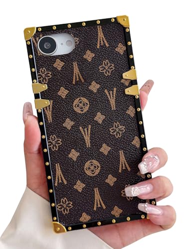 Dropcases Compatible with iPhone 16E/17E Case Luxury Designer for Women Girls,Rectangle Edge PU Leather + Soft TPU Anti Drop Protective Cover for iPhone 17E/16E - 6.1 inch (Brown)