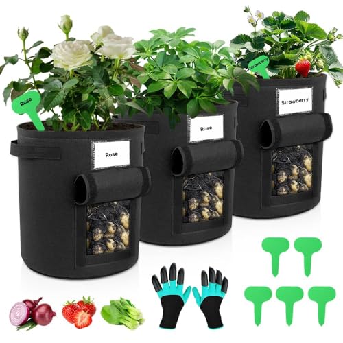Riisoyu 3 bolsas de cultivo de patatas, 7 galones de plantas, bolsa de cultivo con 5 etiquetas de plantas y 1 par de guantes, bolsas de plantación de tela no tejida, bolsas de plantación con asas para