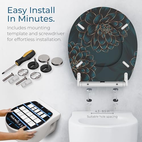 Image of Sanilo Wooden Toilet Seat with Quick Release & Soft Close [ROUND] - Decorative & Slow Close Molded Wood Seat - With One Click for Easy Installation & Cleaning - With Adjustable Fit (Dahlia)