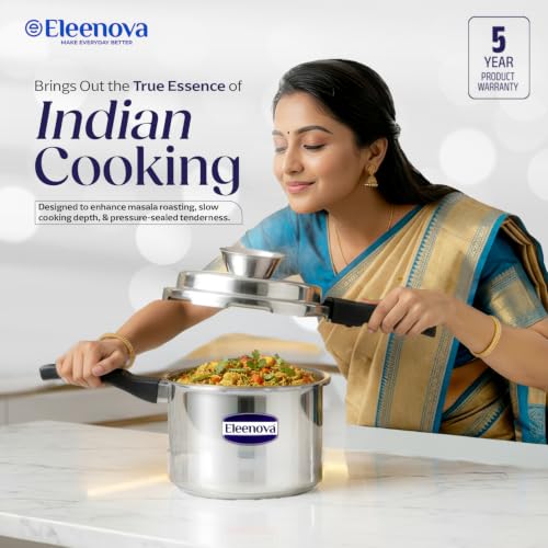 Image of Eleenova Legacy Stainless Steel Pressure Cooker 3 Litre | Anti Spill Design | Gas Stove and Induction Compatible | Outer Lid SS Pressure Cooker | ISI Certified | 5 Year Warranty