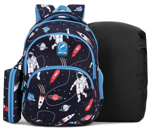 Image of Chris and Kate Astronaut Printed Bookbag School Bag for Boys, Girls Childern Unisex Kids, Suitable for Tuition, Picnics and Casual Outings with a Free Stationery Pouch and Rain Dust Cover Backpack