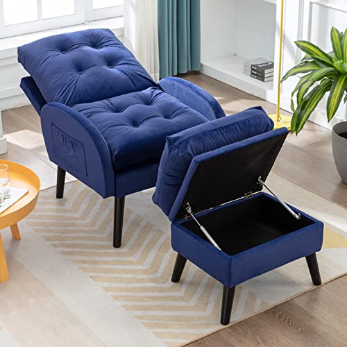 Ttgieet Accent Recliner Chair With Ottoman With Storage, Modern Velvet Armchair With Adjustable Backrest And Side Pocket, Single Sofa Chair Lounge Chair For Living Room, Bedroom, Office (Blue) #TOP3