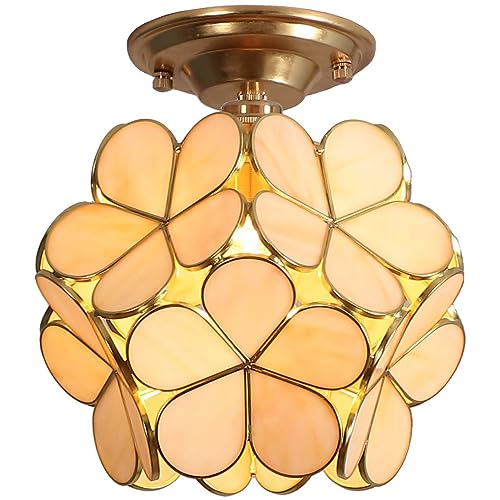 Bieye L50902 Flower Petals Tiffany Style Stained Glass Close to Ceiling Light for Home Decor (Cream White, 8" Cherry Blossom)