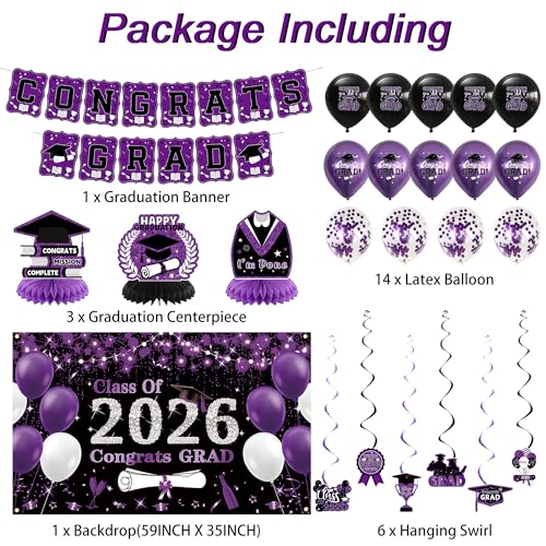 Image of DARUNAXY Black Purple Graduation Party Decorations, Purple Class of 2026 Graduation Banner, 2026 Congrats Grad Honeycomb Hanging Swirl Confetti Balloon Congratulations Graduates Party Supplies(25PC)