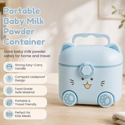 Image of Uonibaby by StarAndDaisy formula milk container for baby milk powder container with scoop , portable Formula Dispense, Airtight First Feed Baby food Storage container / Box for travel 200 grams-Kitty Blue