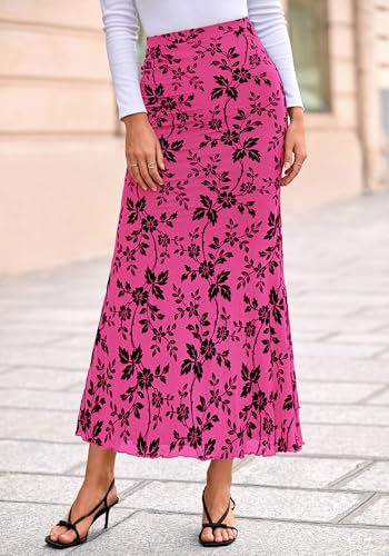BTFBM Womens Floral Mesh Maxi Skirt 2026 Spring Summer Elastic High Waisted Boho Elegant Mermaid Long Skirts for Women(Rose Red, X-Small) — view 6