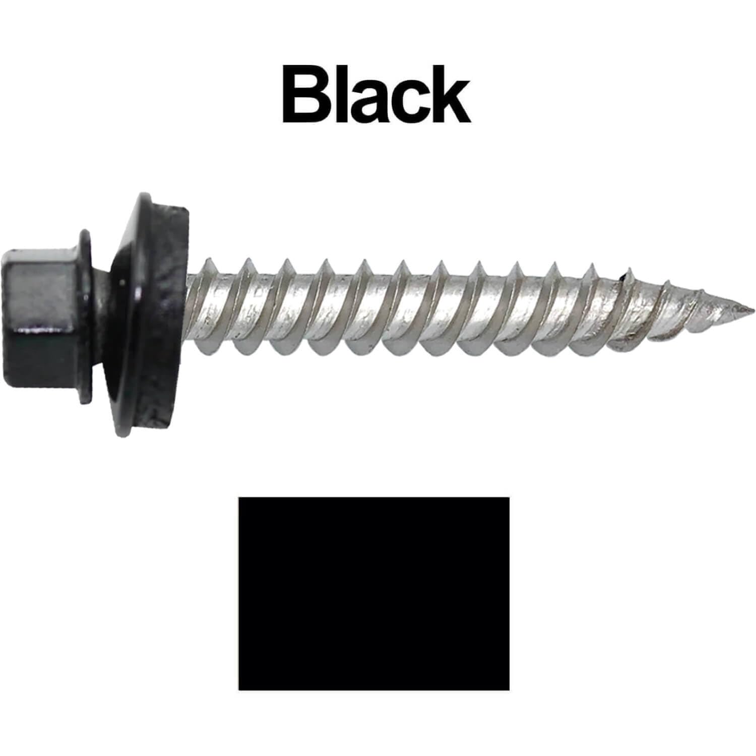 Stainless Steel Metal Roofing Screw: Black(250) 12 x 1-1/2" Hex Sheet Metal Roof Screw. Sharp Point Metal to Wood siding Screws. 5/8" EPDM Washer.