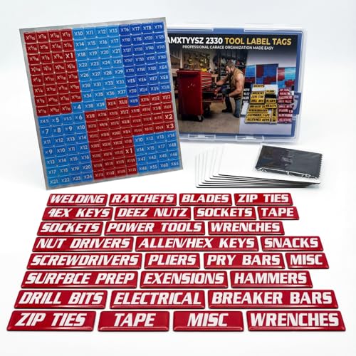 AMXTYYSZ [35-Piece Master Set] Magnetic Toolbox Labels - Dura-Dome Red Epoxy Tags for Professional Mechanic Chests - Oil-Resistant 3mm Thick 3D Organizer for Steel Drawers (SAE/Metric/Misc)