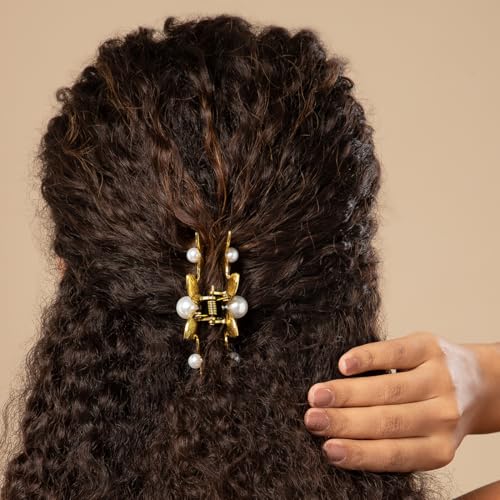 Image of Radhu & Kabby Antique Golden Floral Hair Claw Clip for women | Pearl Embellished | Elegant Strong Hold Hair Accessory for Wedding, Party & Festive Styling | Pack of 1
