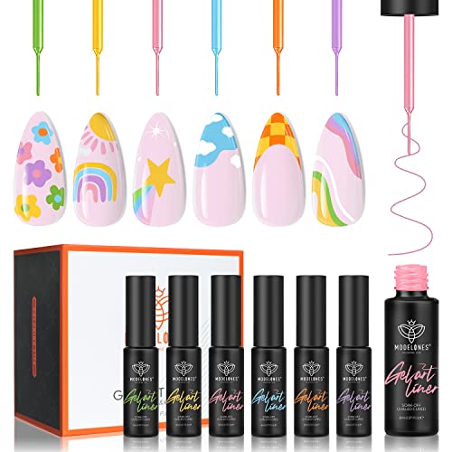 Modelones Gel Polish Nail Art Gel Liner Set-6 Colors Rainbow Pastel Pink Green Blue Purple Yellow Spring Summer Gel Polish for French Tip Swirl Nails Design Soak off Built in Thin Brush Gel Nail Art Gift