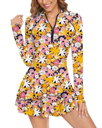 WOWENY 2 Piece Long Sleeve Rash Guard Set Long Sleeve Swimsuit with Built-in Bra Zip Front Swim Shirt Dress with Shorts