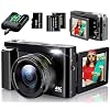 4K Digital Camera for Photography, UHD Autofocus 48MP 180 Flip Screen 16X Zoom Compact Point Shoot Vlogging Camera for YouTube with 2 Batteries, 32GB Card (Black)