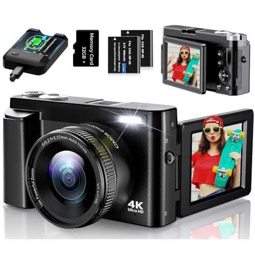 4K Digital Camera for Photography, UHD Autofocus 48MP 180° Flip Screen 16X Zoom Compact Point Shoot Vlogging Camera for YouTube with 2 Batteries, 32GB Card (Black)
