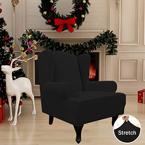 Image of Easy-Going Stretch Large Wingback Chair Sofa Slipcover Black | 1-Piece Sofa Cover Furniture Protector Couch Soft with Bottom, Spandex Jacquard