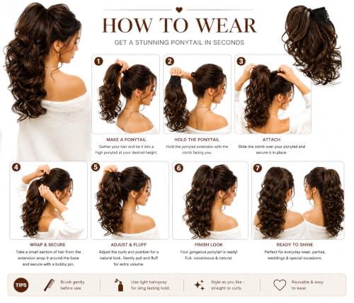 Image of Women Ponytail Hair Extension 20 Inch Step Cutting Curly Brown Highlight Hair Pieces for Women Party /Halloween /Christmas