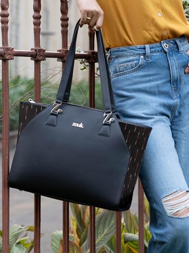 Image of ZOUK Printed Jute Handcrafted Vegan Leather Black Women's Check-point Friendly Classic Business Bag