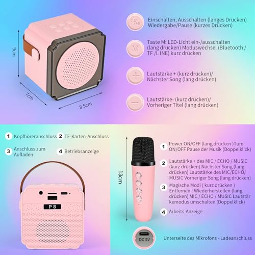 Karaoke Maschine Kinder mit 2 Karaoke Mikrofon Kinde Mini Tragbares Bluetooth Lautsprecher mit Stimme wechselnde Effekte & LED Lichteffektenfür Partei, Geschenke für Geburtstag, Weihnachten (Rosa)