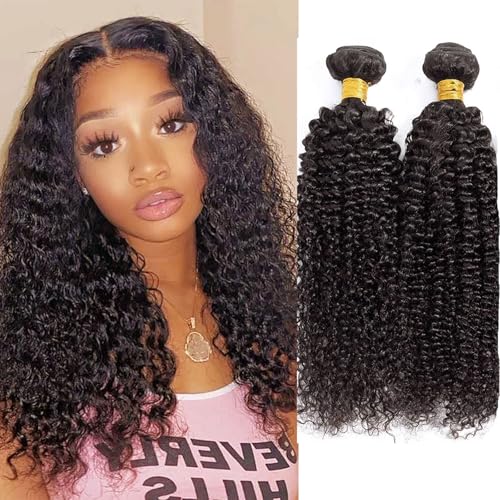 Huarisi Kinky Curly Human Hair Bundles, Brazilian Curly 2 Bundles 12 14 inch, Virgin Brazilian Hair Curly Weaves