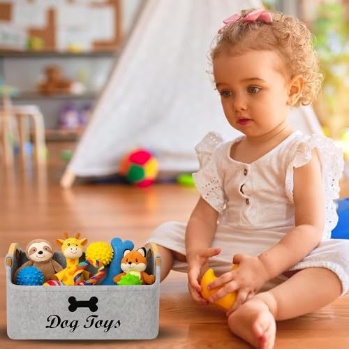 HUATEEN Hundespielzeug Aufbewahrung Korb,Großer Grauer Filzkorb für Hunde Welpenspielzeug Organizer Aufbewahrungsbehälter für Haustierspielzeug mit Griffen 38 x 25 x 18 cm