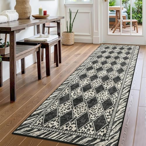 Checkered Runner Rug 2x6, Beige and Black Leopard Checkered Print Hallway Runners Long Entryway Rug, Soft Low Pile Non-Slip Kitchen Runners for Bedroom Laundry Room (Beige/Black, 2'x6')