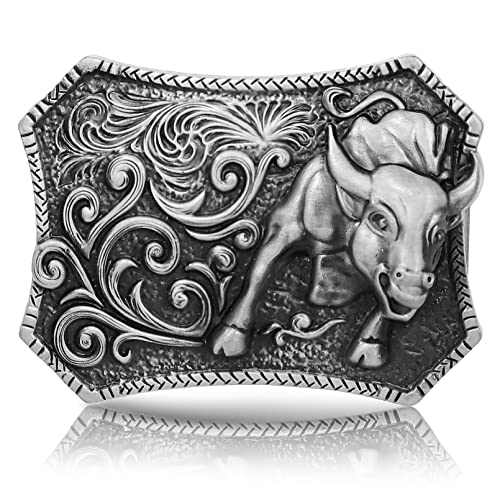 RechicGu Western Belt Buckle 3D Engraved Long Horn Bull Cowboy Texas Rodeo Belt Bukles for Men Women Silver