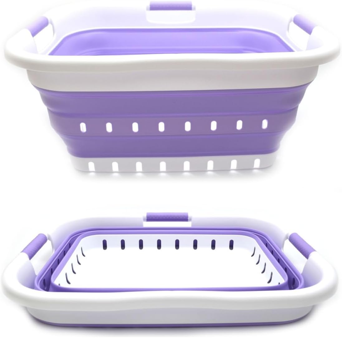 SAMMART 41L Collapsible 3 Handled Plastic Laundry Basket - Foldable Pop Up Storage Container/Organizer - Portable Basket - Space Saving Hamper/Basket (3 handled rectangular, White/Lt. Purple)
