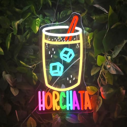 Image of Horchata Neon Signs for Wall Decor Dimmable Colorful LED Light with Ice Cubes Straw USB Powered Fun Light up Sign for Latin Restaurants Food Stalls Cafes Bars Kitchens