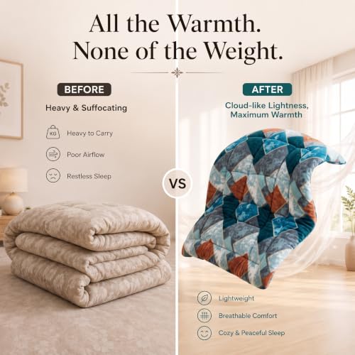Image of SANMARINO Luxury Flannel Quilted Comforter for Double Bed | Ultra Soft Plush Razai with Modern Geometric Design | Fuffly, Cozy All Season Blanket for Mild & Heavy Winter |220x230 cm,Navy Blue & Rust